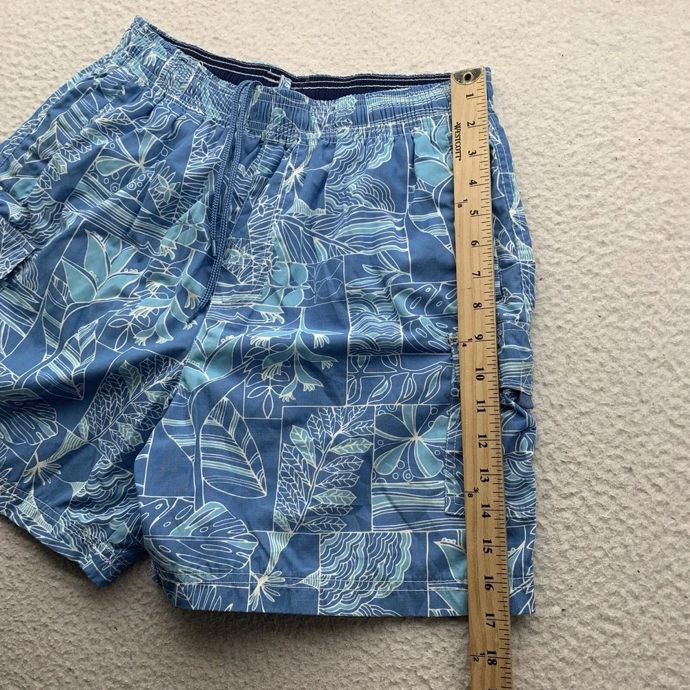 Tori Richard Swim Shorts Mens Medium Blue Hawaiian Tiki Lined Bathing Suit Flaws